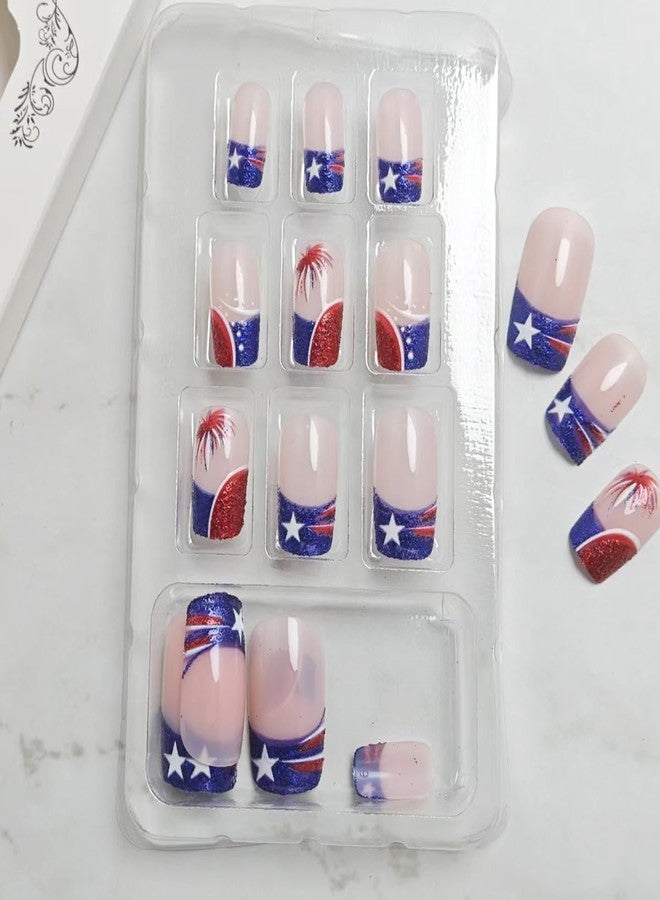 KRTBKR 24Pcs 4th of July Press on Nails Short Square Red Black French Tip Fake Nails American Flag with Star Fireworks Glitter Design Full Cover Independence Day False Nails for Women Acrylic Manicure Salon - Image 5